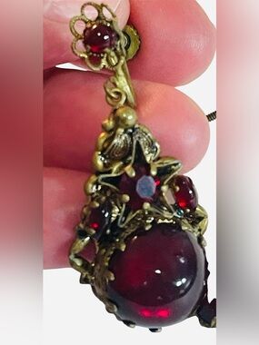 West Germany Ruby Red Glass Cabochon Screw Back Earrings Victorian Revival